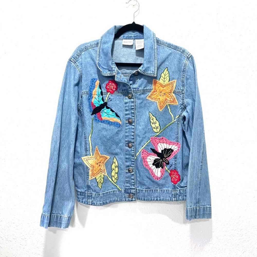 White Stag vintage Blue Jean Jacket with Colorful Patches Large‎